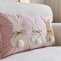 Housses de coussin décoratives modernes en faux lin, motif lapin de Pâques, avec pompons 3D mignons, brodées, amovibles et lavables, vente en gros
