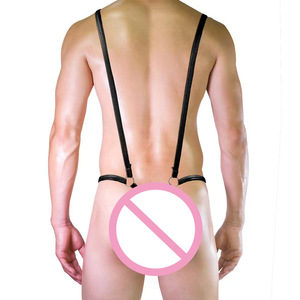 Sous-vêtements sexy pour homme, string à bretelles en similicuir verni noir, taille basse - Product Image 4