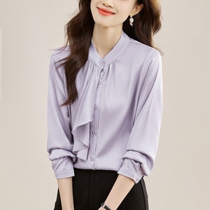8742 # moda estilo coreano blusa mujer blanco de manga larga sólido satén blusas camisa con <span class=keywords><strong>volantes</strong></span> - Product Image 2