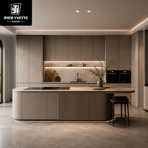 High End Modular <strong>Kitchen</strong> Cabinets Chic Wooden <strong>Cupboards</strong> with Stone Island for Villa Apartment Hotel and Interior Design Projects - Product Image 1