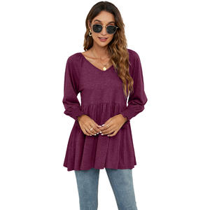 Wholesale Women's Korean Style Breathable Cotton Knitted V-Neck Puff <b>Sleeves</b> <b>Long</b>-Sleeved <b>Tunic</b> <b>Top</b> for Office All Seasons - Product Image 3