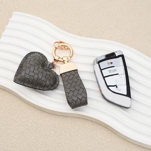 Woven Pattern Keychain Ring With Short Wrist Strap Pu Leather Car <b>Keyring</b> Heart-Shaped Bag <b>Charms</b> Key Pendant Gift for Men - Product Image 6
