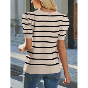 FOXA Suéter de punto a rayas con mangas abullonadas para mujer, cuello redondo, manga corta, informal, de verano, suave y ligero - Product Image 5