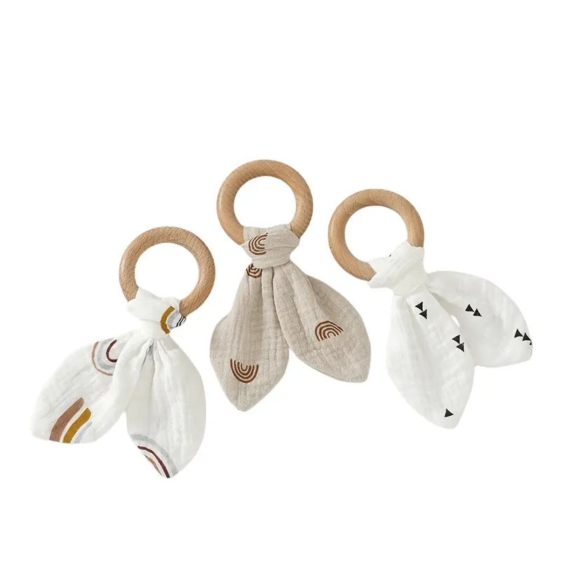 Wholesale Beach Wooden Printed Muslin Baby Teethers Teething Ring Toy wooden teething rings