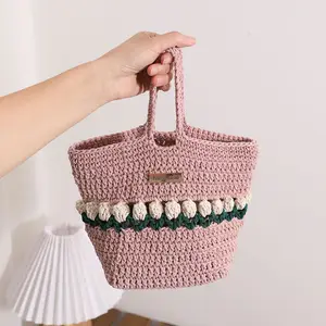 Bolsas de algodão de crochê com logotipo para mulheres bolsas de ombro de luxo feitas à mão