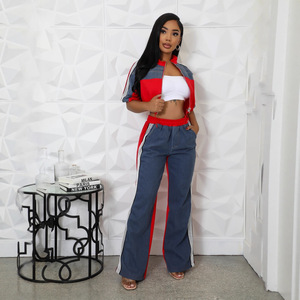 Conjunto de Calças de Jeans com Detalhes em Denim e Zíper, Top com Gola, Calças de Perna Larga, Conjunto <span class=keywords><strong>Casual</strong></span> Feminino - Product Image 3