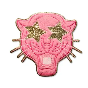 Kustom bordir Chenille Glitter Patch Logo besar desain grosir bordir Chenille Tiger Patch