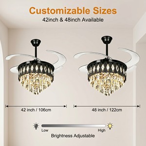 Ventilateur de plafond moderne en cristal avec lumière LED, moteur DC réversible, 4 pales, télécommande, montage encastré pour salon - Product Image 3