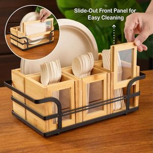 Wooden Cutlery <b>Box</b> With Slide Out Panel For Easy Cleaning Standing Type <b>Kitchen</b> <b>Storage</b> Organizer Rectangle Shape Wood Grain - Product Image 1