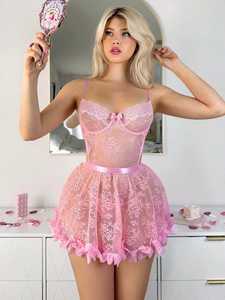 Ensemble de lingerie 2 pièces pour femmes, corset en dentelle florale, jupe tutu à volants - Product Image 6