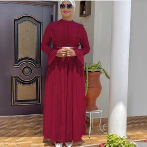Vêtements pour femmes africaines sur <span class=keywords><strong>AliExpress</strong></span> : Robe élégante plissée en mousseline de soie à manches longues, avec un design cintrant et une ceinture. - Product Image 1