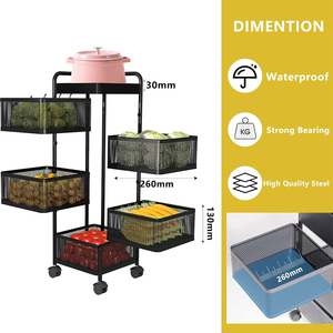 थोक सस्ते 5 टियर गोलाकार वर्ग घूर्णन टोकरी पहियों, फल और सब्जी धातु तार शेल्फ के साथ बड़े भंडारण रैक - Product Image 5