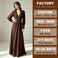 Robe de soirée marron élégante à col en V plongeant, taille haute, avec ceinture et manches longues, idéale pour mariage et bal de promo