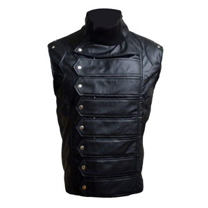 <b>Men's</b> <b>Black</b> genuine Leather Moto <b>Vest</b> Stand Collar Solid Color Button Closure Regular Length Outerwear - Product Image 1
