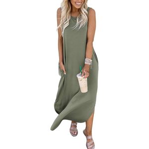 Robe longue d'été pour femme, sans manches, décontractée, col rond, pour la plage et les vacances, en tissu tissé respirant - Product Image 2