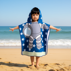 HDJ Serviette de plage à capuche pour enfants, motif astronaute, 60x120cm, en polyester, poncho de bain d'été pour enfants, motif étoile bleue - Product Image 2