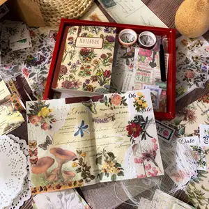 Set kotak hadiah tanaman dan bunga Retro, set buku catatan dan notebook kombinasi bahan akun Hati sastra retro