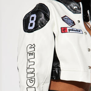 سترة سباق نسائية عالية الجودة مخصصة جلد طبيعي مقاوم للماء مفجر قصير مع تطريز الشنيل - Product Image 4