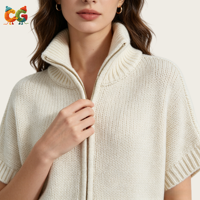Pull-over décontracté à col montant zippé pour femme, en laine tricotée unie, coupe ample, manches courtes – Fournisseur direct usine CG