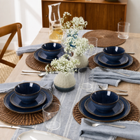 Service de table en grès céramique haut de gamme 12 pièces, glaçure réactive bleue, durable, réutilisable, écologique, vente en gros rapide