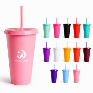 Vaso de Plástico Personalizado con Logotipo de 24 oz (710 ml) con Tapa y Pajita, Taza Reutilizable de Doble Pared para Café, Acabado Mate, para Regalo Empresarial - Product Image 1