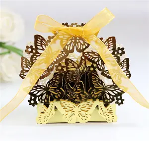 Glossy Golden Color Paper Wedding Gift Package Laser Cuttings Paper Cards Candy Chocolate Packaging Box For Sweet Recyclable