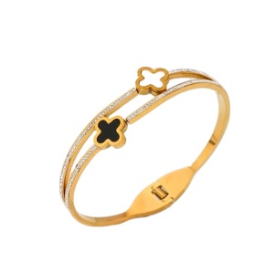 Two Small Flower Stainless Steel <b>Bangle</b> <b>Bracelet</b> Gold Plated Pulsera Style Unisex Gift Jewelry - Product Image 1