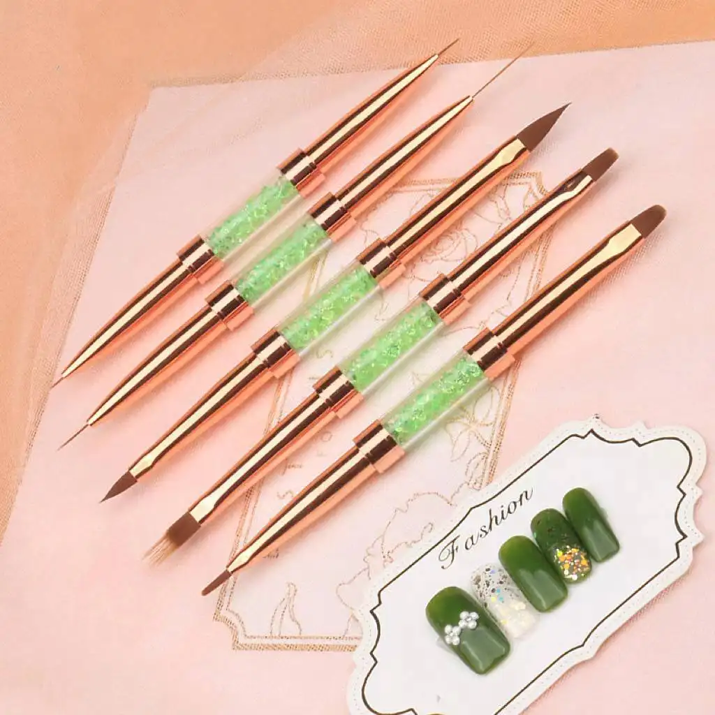 Strass verts manche en métal double extrémité UV Gel Liner brosse acrylique Nail Art pinceaux ensemble dessin peinture teinture brosse à ongles