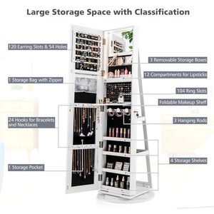 Armoire à bijoux rotative DB 360 avec miroir et éclairage LED, organisateur verrouillable en plastique blanc 20-35L - Product Image 4