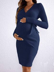 Robe courte minimaliste à manches longues à nouer devant pour femmes enceintes Robes de maternité Robe d'allaitement pour femmes - Product Image 5