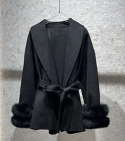 Manteau long en laine double face sur mesure avec poignets en fourrure de renard et ceinture, fabrication OEM, vente en gros, marque privée pour femmes