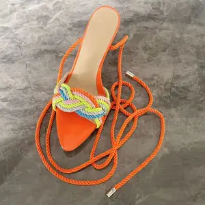 IDOIT编织绳高跟凉鞋橙色踝包尖头细高跟鞋夏季礼服鞋镂空多色派对鞋