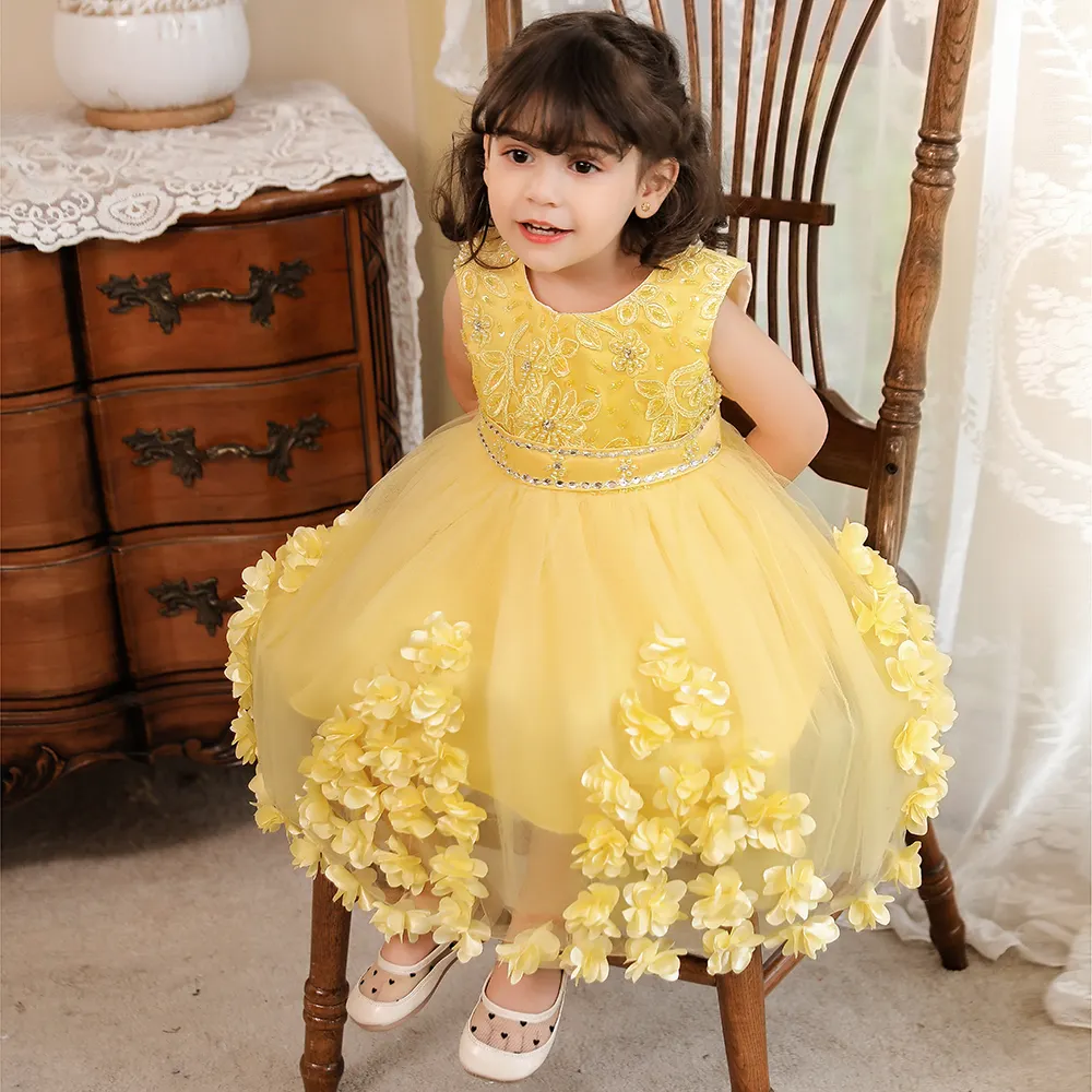 High Quality Luxury Yellow Princess Embroidery 3D Flower Kids Girl Birthday Party Dress For Baby
