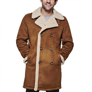 Veste en cuir suédé marron pour homme avec doublure en sherpa, col rabattable, double boutonnage, coupe-vent, manteau d'hiver, style décontracté - Product Image 1