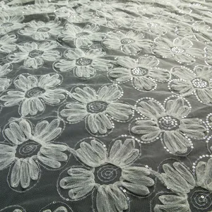 Hoa Trắng 3D Sequin Ren Vải Long Lanh Thêu Vải Tuyn Kết Cấu Váy Cưới Vải