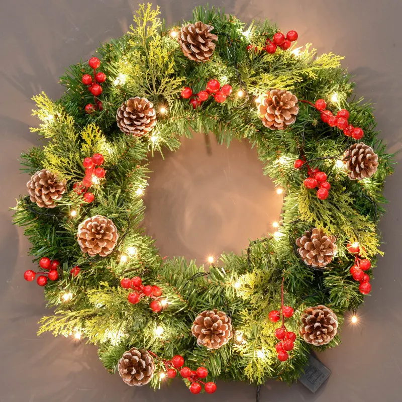 30CM-50CM Christmas Decorations Outdoor Christmas Wreath With Lights Battery Operated Xmas Garland Red Berries Cones Pine Cones