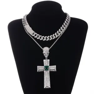 New Hot Selling Hip Hop Skull Button Head Green Water Diamond Cross ice Pendant Cuban Necklace Set Alloy Layered Vintage Jewelry