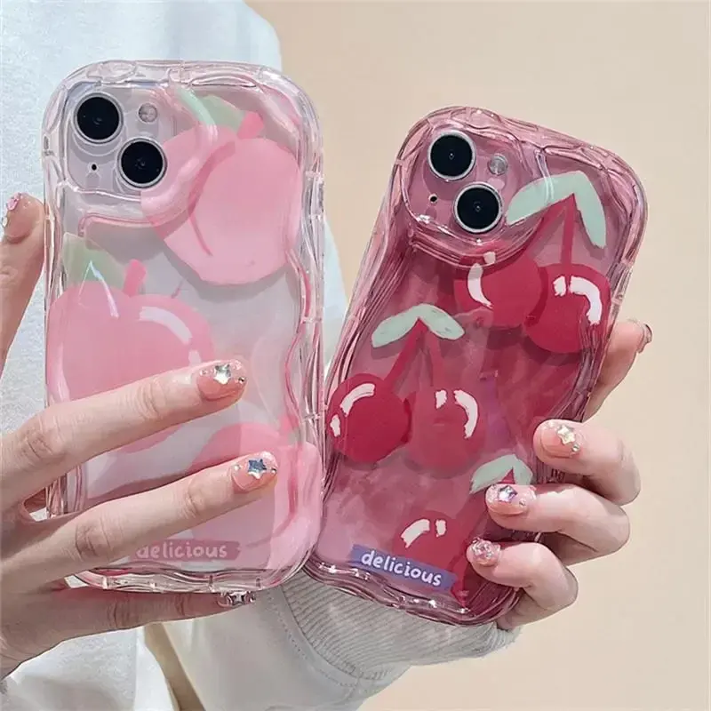 Case For IPhone 15 Pro Max 14 11 13 12 Mini XR 6s 6 8 7 Plus X XS SE 2020 2022 Flower Wavy Texture Pink Peach Cherry Soft Cover