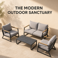 Ensemble de salon d'extérieur modulaire scandinave toutes saisons avec canapé, table basse et fauteuils imperméables et résistants au soleil pour jardin et terrasse