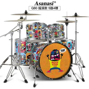 Conjunto de bateria profissional de alta qualidade para crianças, instrumentos de percussão com 5 tambores e 3 pratos pintados de verde, OEM de pele dupla CN; TIA