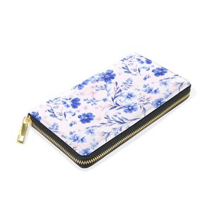 Cartera con Cierre de Cremallera y Estampado Floral Azul Acuarela, Bolso de Mano Romántico de Cuero Vegano Rosa Pálido con 12 Ranuras para Tarjetas para Mujer - Product Image 1