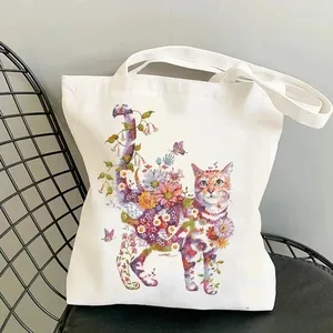 Sac fourre-tout en toile réutilisable pour femmes, imprimé chats et fleurs, idéal pour le shopping et les cadeaux quotidiens - Product Image 6