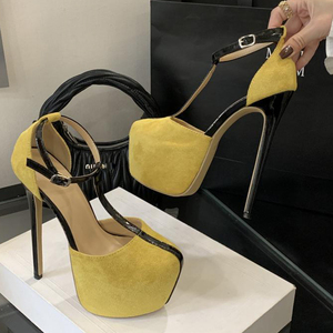 Zapatos de tacón alto y fino con plataforma gruesa y correa en T para mujer, sandalias de fiesta sexy con hebilla en el tobillo, de gamuza amarilla para bailarinas de club - Product Image 4