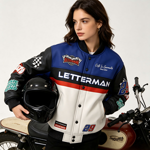 Chaqueta Urbana de Moda Hip Hop Racing, Chaqueta Varsity de Motociclismo, Personalizable con Parches de Carreras, Chaqueta de Cuero PU Resistente de Alta Calidad para Carreras - Product Image 1