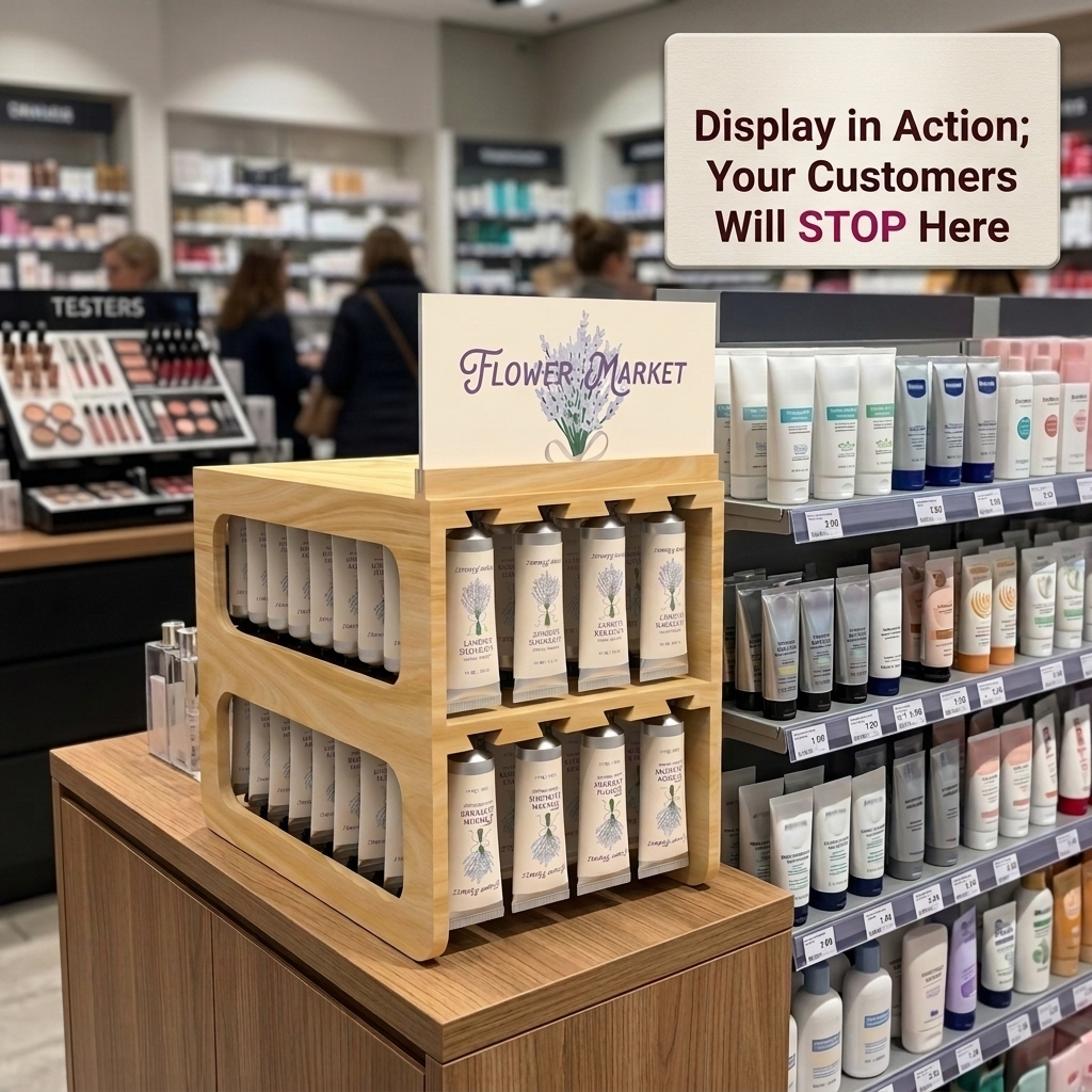 Custom Wood Skincare Display Stand Gravity Fed Auto Feed Cosmetic Rack 2 Tier Countertop Hand Cream Organizer Manufacturer OEM — view 2