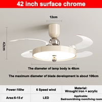 Ventilateur de plafond rétractable LED moderne de 42 pouces avec éclairage, télécommande et haut-parleur Bluetooth, style lustre décoratif