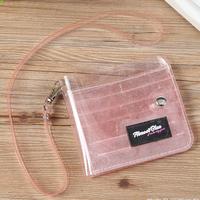 Tas Kartu PVC berkilau wanita tali leher lipat kartu ID casing uang koin foto pemegang stiker dompet bening dompet transparan