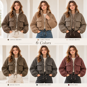 Custom Logo <b>Women</b> Cropped <b>Jacket</b> Stand Collar Full Zip Flap Cargo Pockets Long Sleeve Plaid Fall <b>Winter</b> Thin <b>Warm</b> Coat Outerwear - Product Image 3