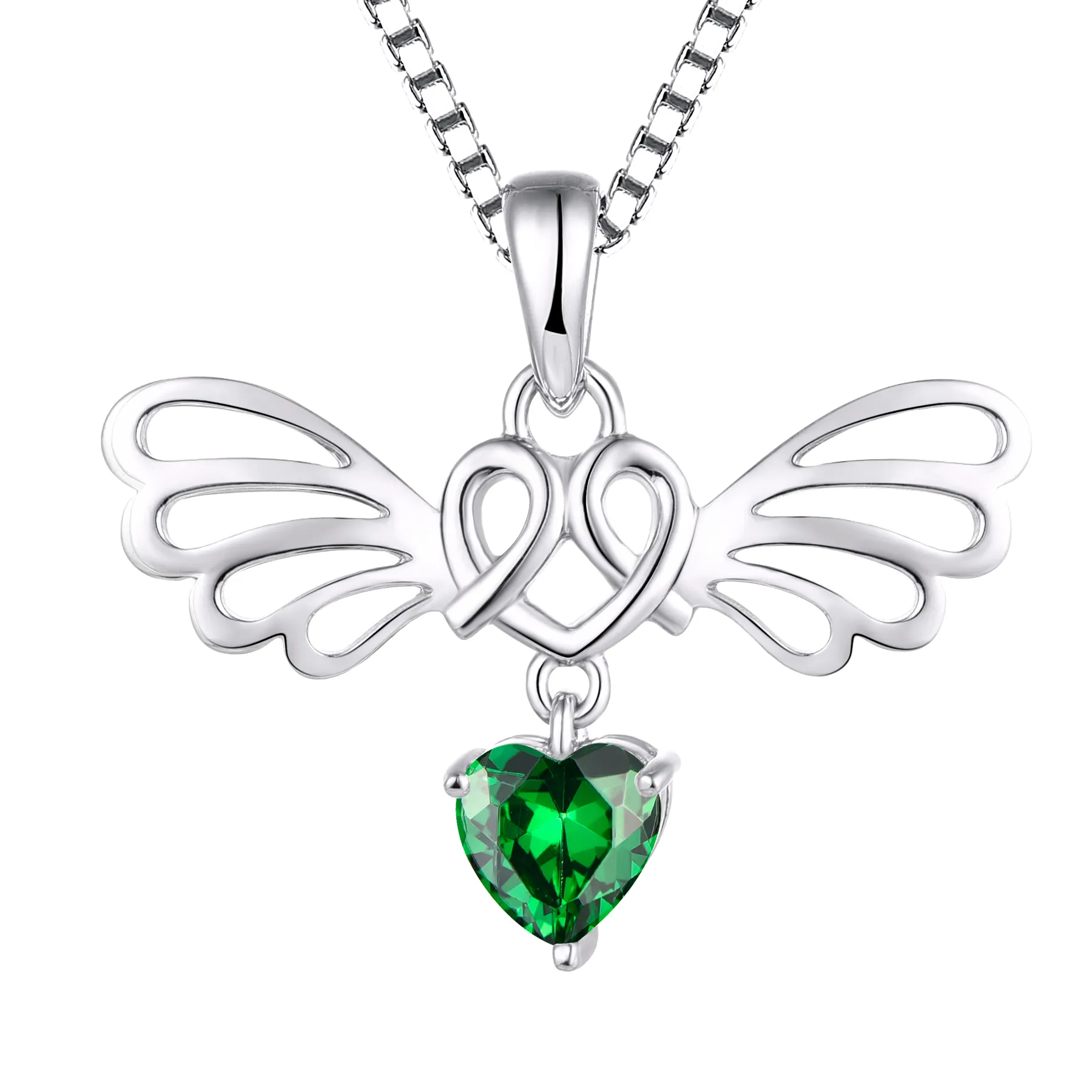 925 Sterling Silver Pendant Necklace Fashion Popular Custom Color Green Zircon 12 Birthstone Angel Heart Wing Necklace For Gift