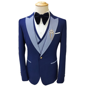 Real un botón moda fiesta trajes cuello en V cierre cuello <span class=keywords><strong>Slim</strong></span> <span class=keywords><strong>Fit</strong></span> negocios 3 piezas <span class=keywords><strong>azul</strong></span> <span class=keywords><strong>marino</strong></span> trajes para hombres MS7068 - Product Image 5